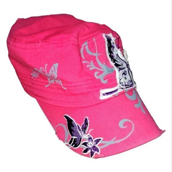 Y2K Distressed Pink Cadet Hat w/ Rhinestone Applique Embellished Butterfly OS - Picture 11 of 11